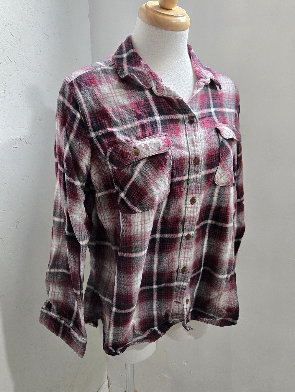 Eddie Bauer Pink White Black Plaid Button-Down Shirt